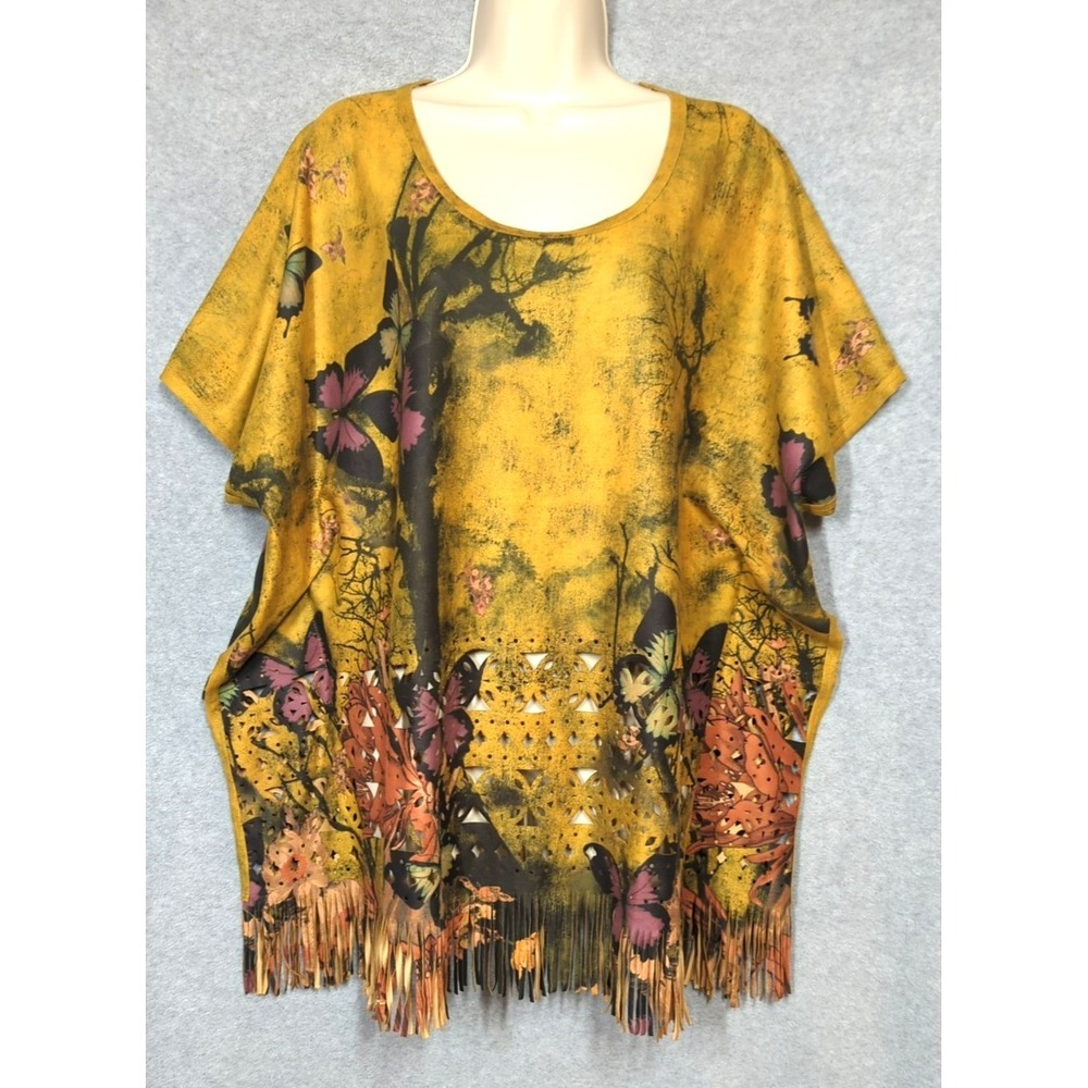 Vtg Adore Poncho Top XL Butterflies Fringe Art to Wear Festival Boho Lagan Look - Picture 2 of 11